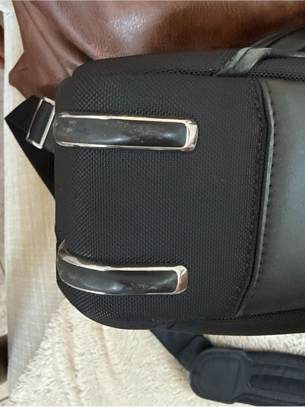 Tumi Black Arrive Sawyer Laptop Briefcase with Leather Trim-EUC Monogram